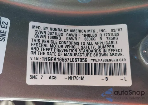 2007 Honda Civic Lx из США, поврежденный, VIN 1HGFA16557L067056